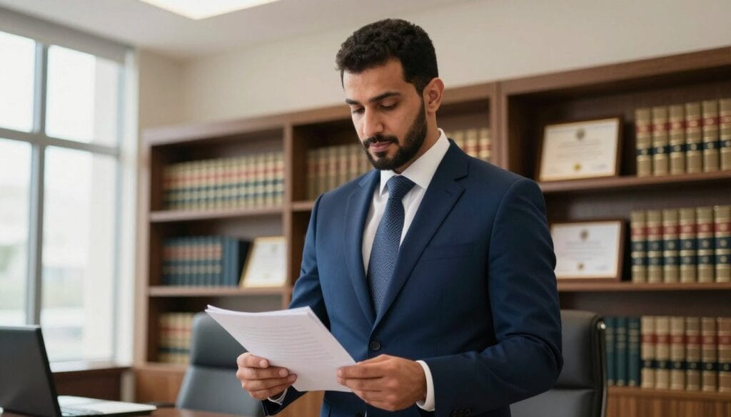 A confident Arab lawyer, named Asem Al-Morqi, standing in a modern law office. In the foreground, he is wearing a sleek navy blue suit, a crisp white shirt, and a stylish tie, exuding professionalism and trustworthiness. His expression is calm and assured as he reviews legal documents. The middle ground features elegant wooden shelves filled with law books and framed certificates, indicating his expertise. In the background, large windows let in soft, natural light, creating a warm and inviting atmosphere. The angle is slightly low, emphasizing his stature and competence, while the overall mood conveys reliability and professionalism, ideal for clients seeking legal representation.