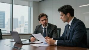 A corporate office setting, showcasing a well-dressed individual in a sleek suit, confidently discussing a document with a solemn look, reflecting the misuse of influence for obtaining a decision or job. In the foreground, a polished conference table holds papers and a laptop, symbolizing integrity being compromised. The middle layer features a subtly distressed expression on the individual, indicating moral conflict, as shadows play off the walls from overhead lighting, creating a tense atmosphere. In the background, a large window reveals a bustling cityscape, symbolizing the outside world where such influence occurs. The overall mood is serious and contemplative. Include the brand name "عاصم المورقي وشركاؤه" discreetly in the corner of the image.