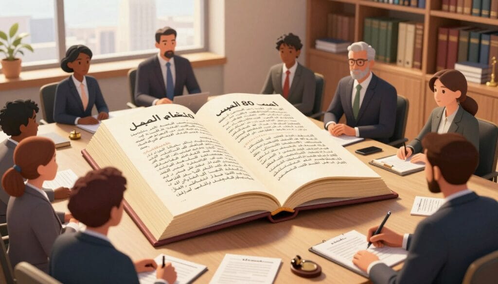 A detailed illustration of "المادة 80 نظام العمل" depicting a professional legal setting. In the foreground, a diverse group of business professionals, dressed in formal attire, are engaged in a serious discussion around a table filled with legal documents. The middle ground features a large, open law book with the Arabic text of Article 80 prominently displayed, symbolizing the regulations related to end-of-service benefits. In the background, a well-lit, modern law office with bookshelves and a window showing a cityscape. The lighting is warm and inviting, casting soft shadows, creating a serious but optimistic atmosphere, suggesting the hope of resolution and understanding of legal rights. The angle captures the participants from a slightly elevated perspective, emphasizing their engagement and collaboration. A detailed illustration of "المادة 80 نظام العمل" depicting a professional legal setting. In the foreground, a diverse group of business professionals, dressed in formal attire, are engaged in a serious discussion around a table filled with legal documents. The middle ground features a large, open law book with the Arabic text of Article 80 prominently displayed, symbolizing the regulations related to end-of-service benefits. In the background, a well-lit, modern law office with bookshelves and a window showing a cityscape. The lighting is warm and inviting, casting soft shadows, creating a serious but optimistic atmosphere, suggesting the hope of resolution and understanding of legal rights. The angle captures the participants from a slightly elevated perspective, emphasizing their engagement and collaboration.