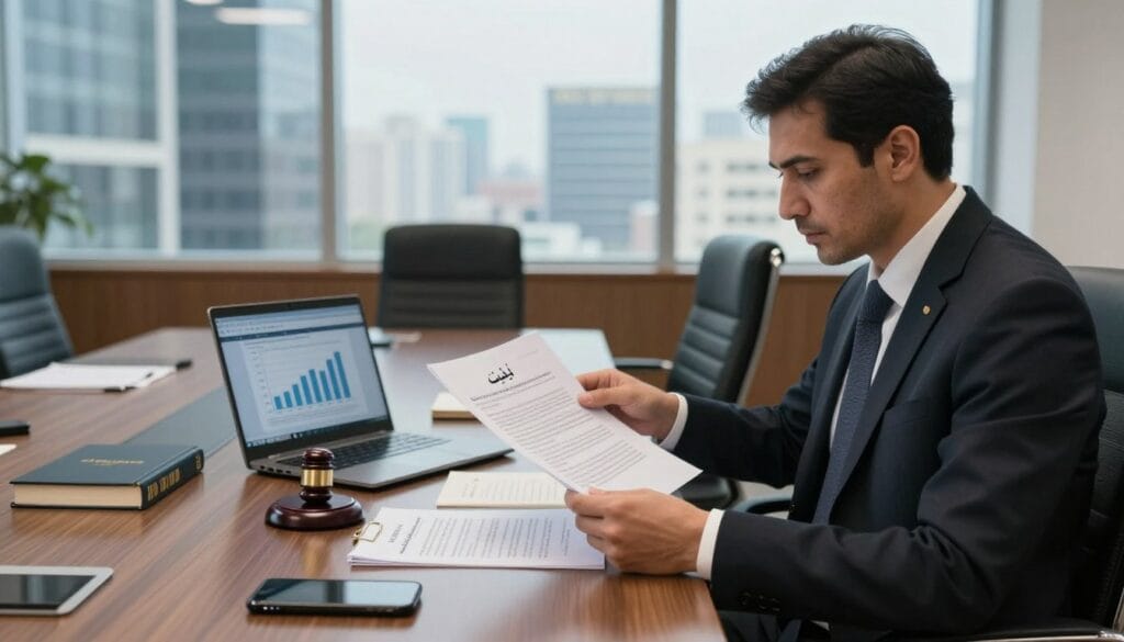 A detailed scene depicting the concept of "إثبات" within a legal context. In the foreground, a skilled lawyer in professional business attire, intently reviewing documents that symbolize evidence for a bribery case, such as written contracts and digital devices. In the middle ground, a meeting room filled with a large conference table, equipped with legal books and a laptop displaying a graph, representing data analysis. The background features a glass window with a view of a modern cityscape, under soft, natural lighting that creates a professional atmosphere. The overall mood is serious and focused, illustrating the importance of evidence in legal matters. Include the brand name "عاصم المورقي وشركاؤه" subtly integrated into the scene without text on the image.