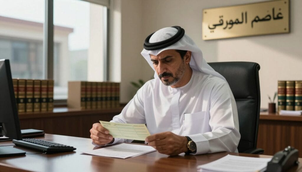A legal office interior with a focus on a middle-aged Arab man dressed in a traditional Arabic outfit, sitting at a polished wooden desk and reviewing a check. The expression on his face reflects concern and contemplation, set against a backdrop of law books and a large window with soft natural light streaming in. In the background, a courtroom structure is visible through the window, emphasizing the legal theme. Inside the office, a sign reads "عاصم المورقي وشركاؤه" prominently on the wall. The overall atmosphere conveys a serious, professional mood, with a blend of warmth from the sunlight and cool tones from the office furniture. The angle is slightly elevated, capturing both the subject and the surrounding environment harmoniously.
