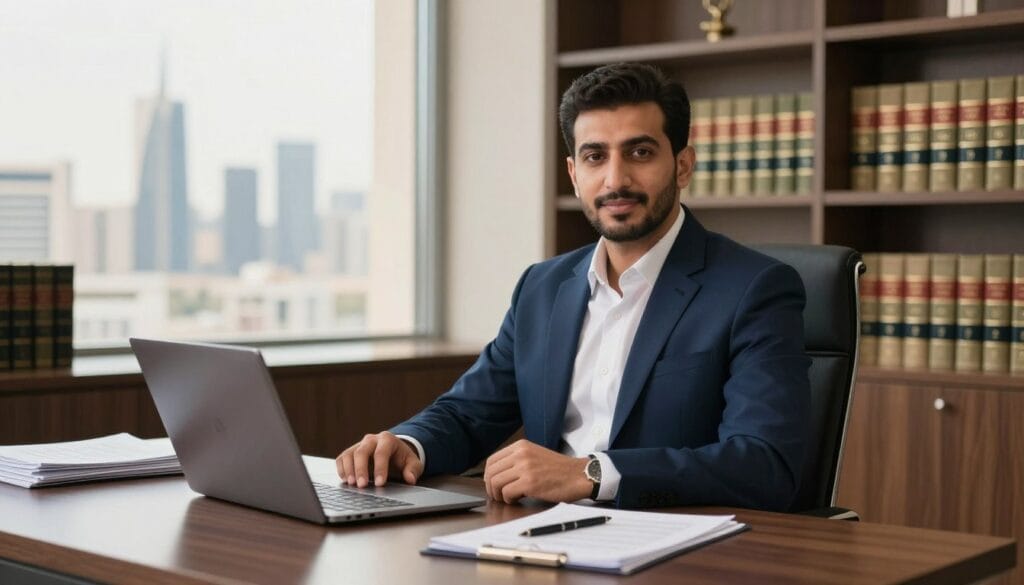 محامى بالرياض: اتصل 0551480848 للاستشارة 3 A professional lawyer's office in Riyadh, featuring a modern and sleek desk made of dark wood, with a laptop open, legal documents neatly stacked, and a pen placed beside them. In the foreground, a confident male lawyer, Aasim Al-Mawri, is dressed in a well-fitted navy suit and a crisp white shirt, with a friendly yet professional demeanor. He is seated, looking directly at the viewer, with a calm expression, symbolizing approachability and trust. The middle ground shows shelves filled with law books, adding to the atmosphere of professionalism. In the background, a large window reveals a view of Riyadh's skyline, bathed in warm, inviting sunlight that enhances the mood of reliability and competence. The overall lighting is soft yet bright, radiating professionalism and warmth.