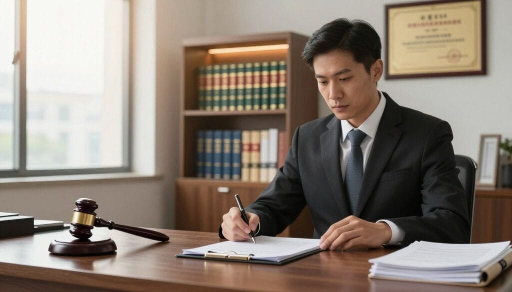 A professional lawyer's office interior, emphasizing the concept of "Article 84 of the Labor Law" regarding end-of-service benefits. In the foreground, a polished wooden desk with legal documents, a gavel, and a professional business suit showcasing dedication to law. In the middle ground, a softly lit bookshelf filled with legal books and a framed certificate on the wall indicating expertise. The background features a large window allowing natural light to stream in, casting a warm glow, and a subtle cityscape visible outside. The atmosphere is serious yet inviting, highlighting professionalism and trust in legal counsel. The image captures the essence of legal consultations, emphasizing the importance of workers' rights under the law. A professional lawyer's office interior, emphasizing the concept of "Article 84 of the Labor Law" regarding end-of-service benefits. In the foreground, a polished wooden desk with legal documents, a gavel, and a professional business suit showcasing dedication to law. In the middle ground, a softly lit bookshelf filled with legal books and a framed certificate on the wall indicating expertise. The background features a large window allowing natural light to stream in, casting a warm glow, and a subtle cityscape visible outside. The atmosphere is serious yet inviting, highlighting professionalism and trust in legal counsel. The image captures the essence of legal consultations, emphasizing the importance of workers' rights under the law.