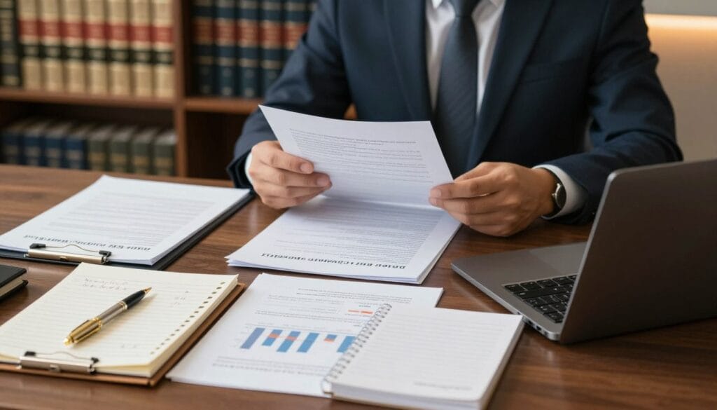 A professional office environment focusing on the theme of "preparing evidence for court". In the foreground, a flat-lay arrangement of organized legal documents, notes, and a laptop open to a legal case file, showcasing graphs and charts. A gold pen rests next to a notepad filled with handwritten notes. In the middle ground, a blurred image of a well-dressed person in business attire, thoughtfully reviewing documents, their expression focused and diligent. The background features bookshelves filled with law books and legal references, softly illuminated by warm, ambient lighting, creating an atmosphere of seriousness and professionalism. The angle is a top-down view, ensuring clarity in the details of the evidence preparation scene. No text or distracting elements.