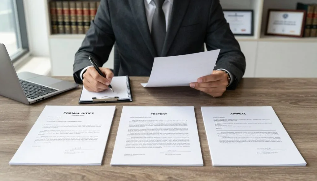 A professional office setting depicting various types of legal memos used in Saudi courts. In the foreground, a neatly organized desk features three distinct memo types: a formal notice, a legal brief, and an appeal document, each with distinctive formatting and headers. In the middle ground, a well-dressed legal professional, wearing a smart suit, is reviewing these memos while taking notes on a notepad. The background shows a modern, brightly lit office with shelves filled with law books and framed certificates, creating an atmosphere of professionalism and diligence. Soft, natural light filters in through a large window, casting gentle shadows that add depth to the scene. The overall mood conveys seriousness, intellect, and a commitment to legal practice. A professional office setting depicting various types of legal memos used in Saudi courts. In the foreground, a neatly organized desk features three distinct memo types: a formal notice, a legal brief, and an appeal document, each with distinctive formatting and headers. In the middle ground, a well-dressed legal professional, wearing a smart suit, is reviewing these memos while taking notes on a notepad. The background shows a modern, brightly lit office with shelves filled with law books and framed certificates, creating an atmosphere of professionalism and diligence. Soft, natural light filters in through a large window, casting gentle shadows that add depth to the scene. The overall mood conveys seriousness, intellect, and a commitment to legal practice.