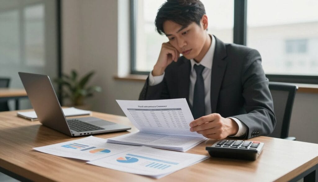 A professional office setting with a sleek wooden desk in the foreground, featuring open documents displaying calculations and charts related to fixed-term contract compensation. In the middle, a thoughtful business professional, dressed in formal attire, is analyzing the paperwork, looking contemplative and focused. There are a laptop and a calculator on the desk, with papers neatly organized. The background includes a large window providing natural lighting, illuminating the room with a warm, inviting atmosphere. Soft, diffused light casts gentle shadows, creating an ambiance of concentration and diligence. The overall mood is serious yet hopeful, capturing the essence of understanding compensation calculations through clear communication and analysis.