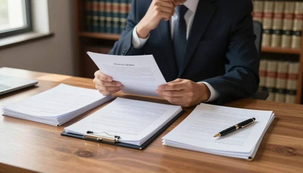 A serene office environment with a large wooden desk at the forefront, upon which lies a neatly arranged stack of legal documents and a classic fountain pen. In the middle ground, a professional individual in business attire, contemplating the significance of legal memos, appears engrossed in thought while reviewing a document. Soft light from a nearby window casts warm highlights on the papers, creating an inviting atmosphere. In the background, bookshelves filled with law books and case reports add depth to the scene, emphasizing the importance of legal documentation in the pursuit of justice. The overall mood conveys professionalism and seriousness, symbolizing the role of legal memos in guiding court decisions. A serene office environment with a large wooden desk at the forefront, upon which lies a neatly arranged stack of legal documents and a classic fountain pen. In the middle ground, a professional individual in business attire, contemplating the significance of legal memos, appears engrossed in thought while reviewing a document. Soft light from a nearby window casts warm highlights on the papers, creating an inviting atmosphere. In the background, bookshelves filled with law books and case reports add depth to the scene, emphasizing the importance of legal documentation in the pursuit of justice. The overall mood conveys professionalism and seriousness, symbolizing the role of legal memos in guiding court decisions.