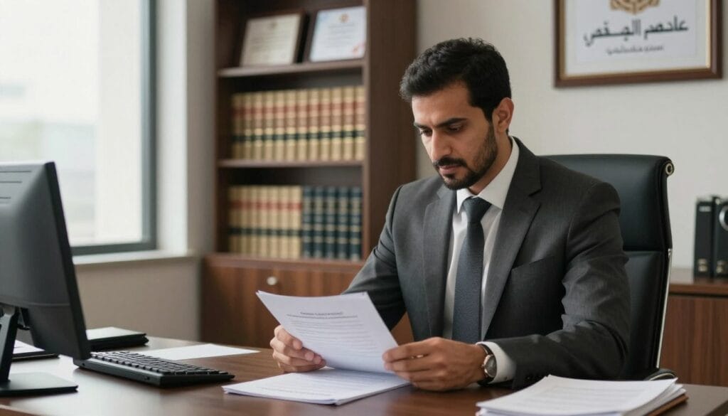 A serious legal consultation scene set in a modern office environment. In the foreground, a professional male attorney in a tailored suit is sitting at a sleek desk, reviewing legal documents related to drug use penalties for non-Saudis. He has a focused expression, conveying authority and expertise. In the middle ground, there are shelves lined with legal books and framed certificates, emphasizing the professional atmosphere. The background features a large window with natural light streaming in, casting soft shadows. The overall mood is somber yet hopeful, reflecting the legal implications of drug offenses. The branding "عاصم المورقي وشركاؤه" is subtly incorporated into a decorative frame on the wall. Ensure the image is devoid of text overlays, watermarks, or any other distractions.