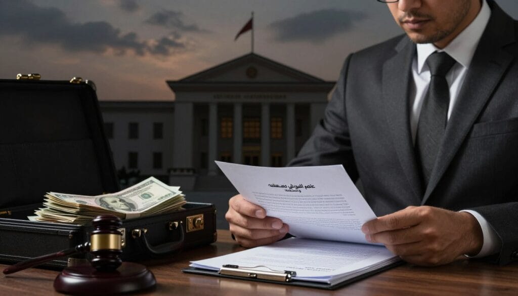 A somber and professional scene illustrating the theme of money laundering penalties in Saudi Arabia. In the foreground, depict a diligent lawyer in a sharp, tailored suit, focusing on a stack of paperwork and legal documents, symbolizing justice and legal processes. In the middle ground, include subtle representations of money, like a briefcase filled with cash, partially visible to indicate the hidden aspects of money laundering. In the background, show a silhouette of a courthouse or legal institution, framed by a moody, evening sky to enhance the gravity of the subject. The lighting should be dramatic, casting soft shadows that emphasize the seriousness of the topic. The atmosphere should convey a sense of urgency and professionalism, underscoring the importance of legal advice in this area. Include the brand name "عاصم المورقي وشركاؤه" strategically in the scene without any text.